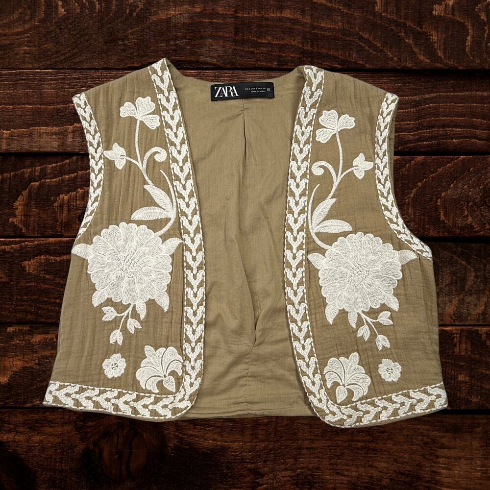 Zara Embroidered Floral Cotton Open Front Vest Boho Khaki White Small - Picture 2 of 9